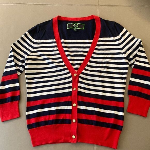 C.Wonder Striped Cotton Cardigan with Gold Logo Buttons. Red/White/Blue. Size XS - Picture 1 of 6